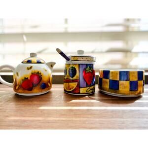 Vintage Ceramic Fruit Kitchen Set Mini Teapot, Jam Jar w/ Spoon, Creamer & Sugar